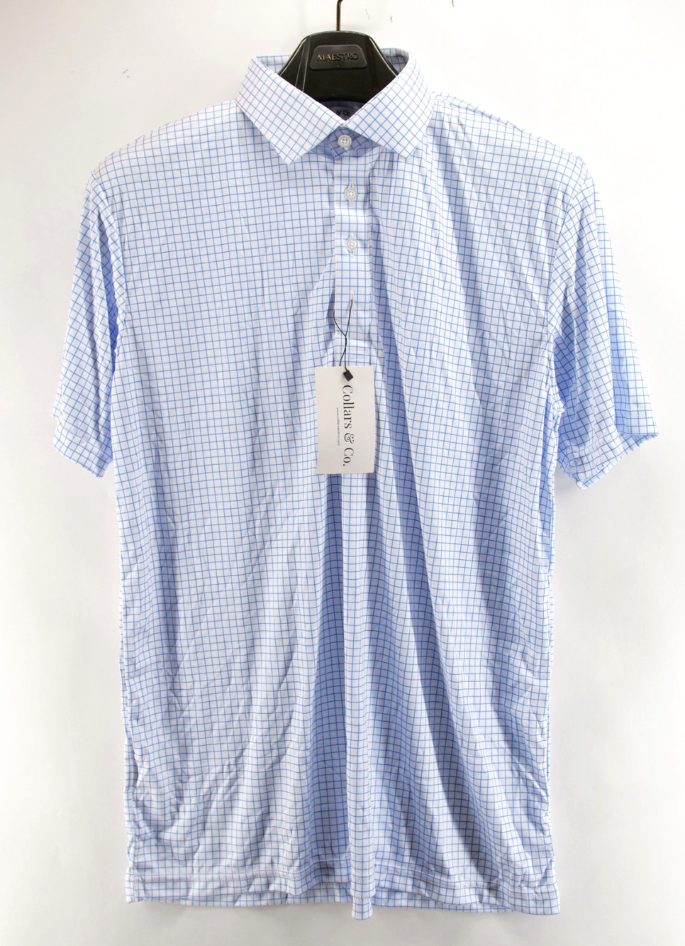 Collars and Co Mens Large Shirt Dress Collar Golf Polo Blue Check Plaid